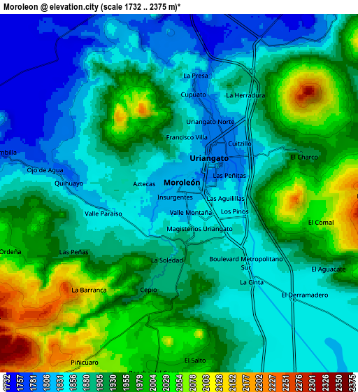 Zoom OUT 2x Moroleón, Mexico elevation map