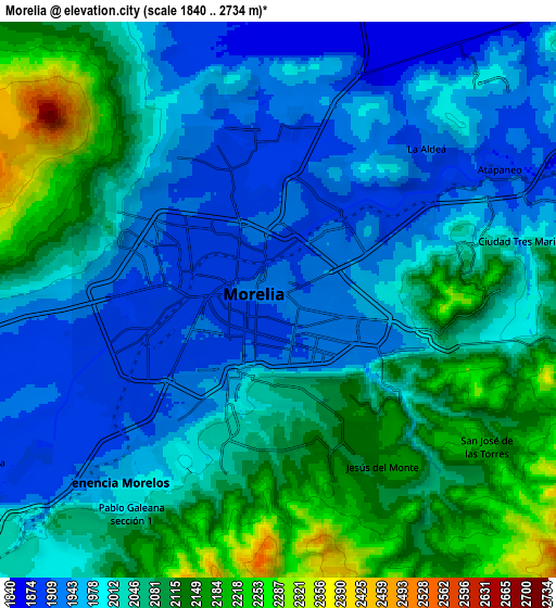 Zoom OUT 2x Morelia, Mexico elevation map