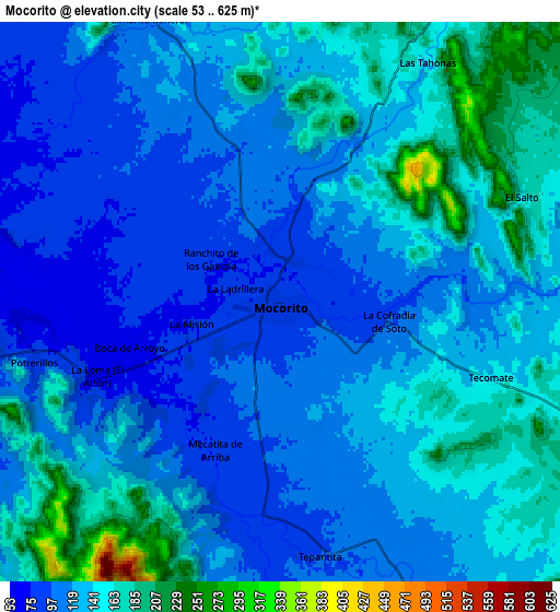 Zoom OUT 2x Mocorito, Mexico elevation map