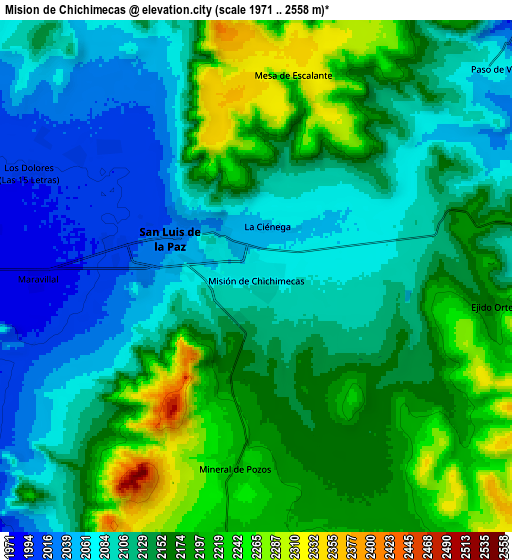 Zoom OUT 2x Misión de Chichimecas, Mexico elevation map