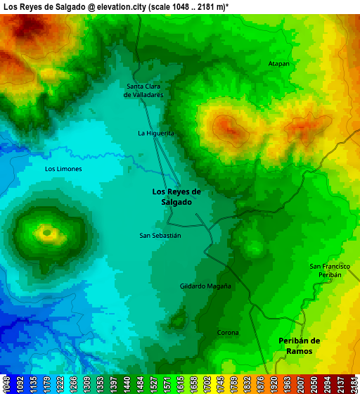 Zoom OUT 2x Los Reyes de Salgado, Mexico elevation map