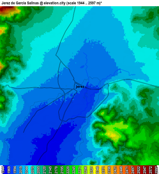 Zoom OUT 2x Jerez de García Salinas, Mexico elevation map