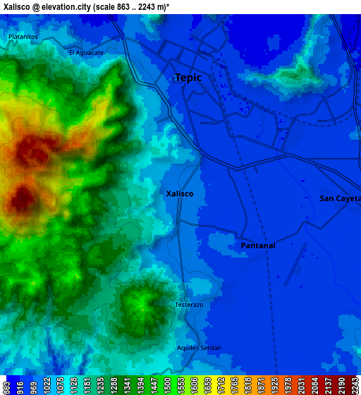 Zoom OUT 2x Xalisco, Mexico elevation map