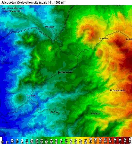 Zoom OUT 2x Jalcocotán, Mexico elevation map