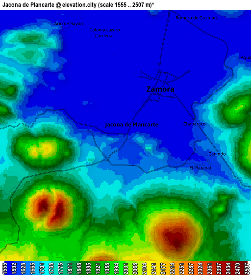 Zoom OUT 2x Jacona de Plancarte, Mexico elevation map