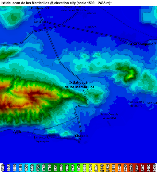 Zoom OUT 2x Ixtlahuacán de los Membrillos, Mexico elevation map