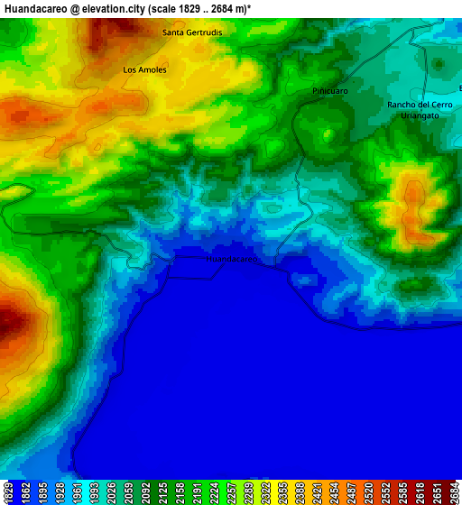 Zoom OUT 2x Huandacareo, Mexico elevation map