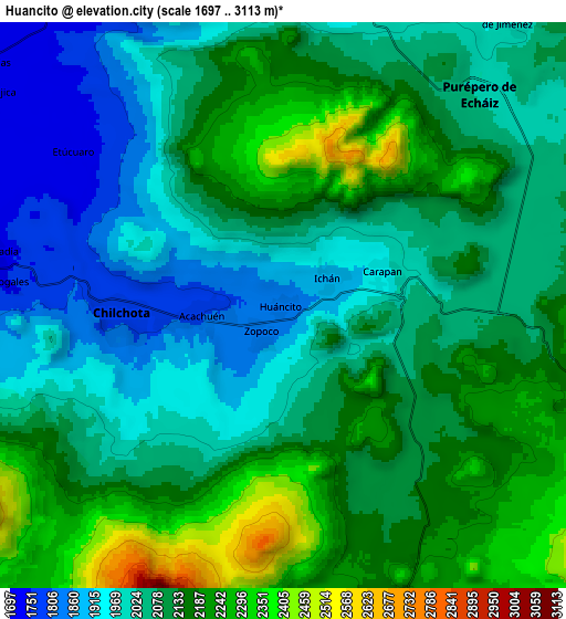 Zoom OUT 2x Huancito, Mexico elevation map