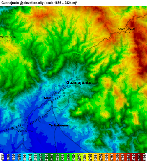 Zoom OUT 2x Guanajuato, Mexico elevation map