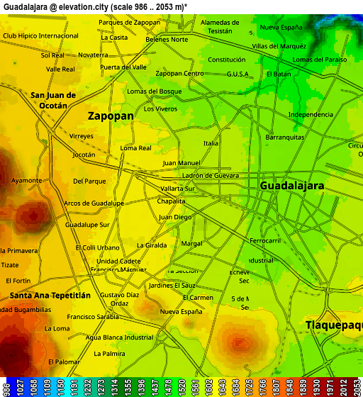 Zoom OUT 2x Guadalajara, Mexico elevation map