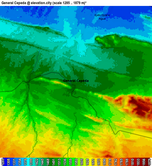 Zoom OUT 2x General Cepeda, Mexico elevation map