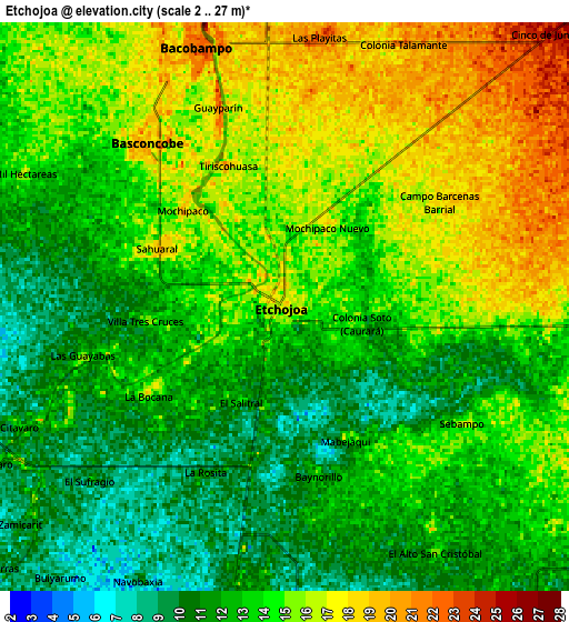 Zoom OUT 2x Etchojoa, Mexico elevation map