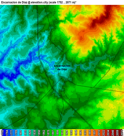 Zoom OUT 2x Encarnación de Díaz, Mexico elevation map