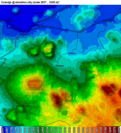 Zoom OUT 2x Cuanajo, Mexico elevation map