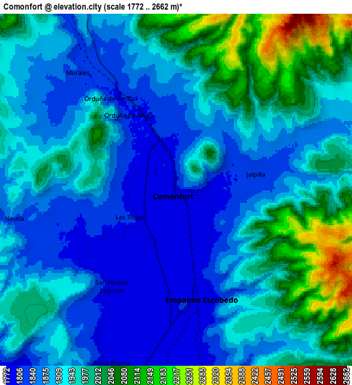 Zoom OUT 2x Comonfort, Mexico elevation map