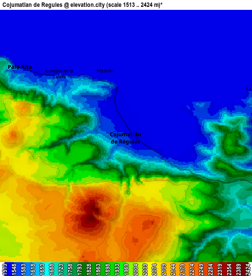 Zoom OUT 2x Cojumatlán de Régules, Mexico elevation map