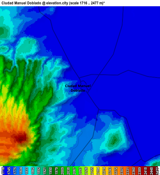 Zoom OUT 2x Ciudad Manuel Doblado, Mexico elevation map