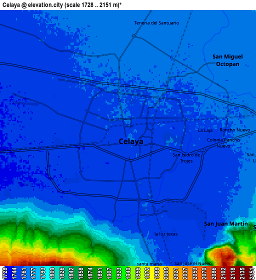 Zoom OUT 2x Celaya, Mexico elevation map