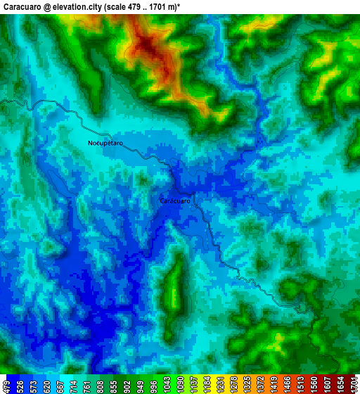 Zoom OUT 2x Carácuaro, Mexico elevation map