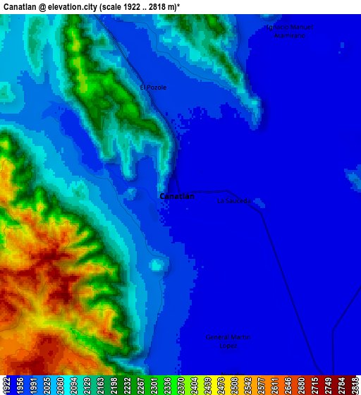 Zoom OUT 2x Canatlán, Mexico elevation map