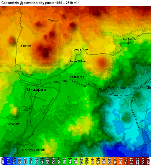 Zoom OUT 2x Caltzontzín, Mexico elevation map