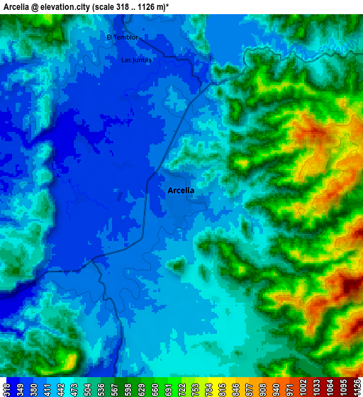 Zoom OUT 2x Arcelia, Mexico elevation map