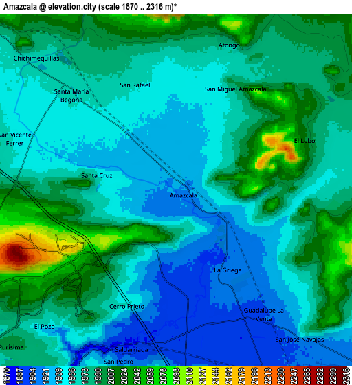 Zoom OUT 2x Amazcala, Mexico elevation map