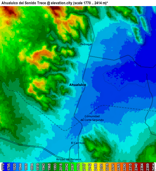 Zoom OUT 2x Ahualulco del Sonido Trece, Mexico elevation map