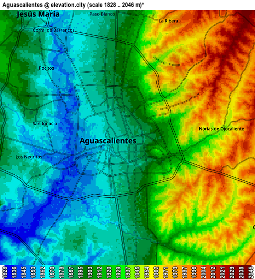 Zoom OUT 2x Aguascalientes, Mexico elevation map