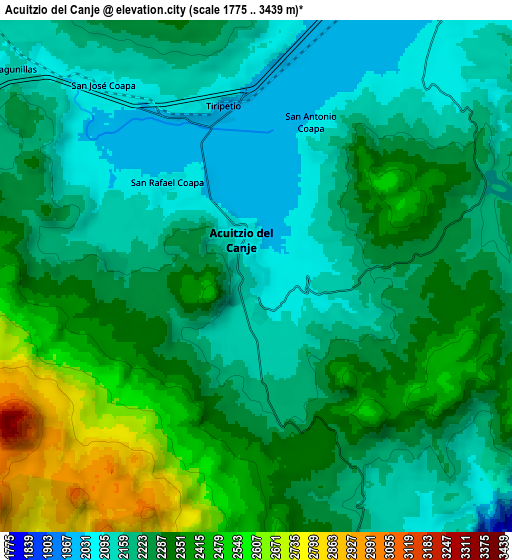 Zoom OUT 2x Acuítzio del Canje, Mexico elevation map