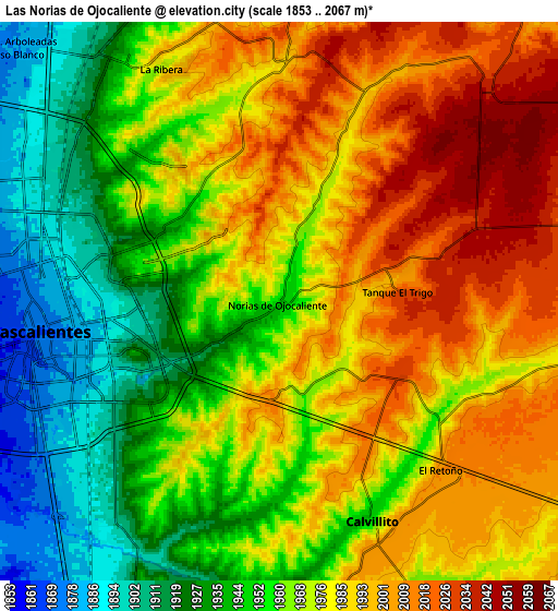 Zoom OUT 2x Las Norias de Ojocaliente, Mexico elevation map