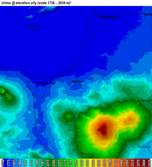 Zoom OUT 2x Urireo, Mexico elevation map