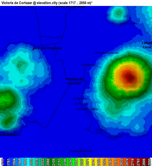 Zoom OUT 2x Victoria de Cortazar, Mexico elevation map