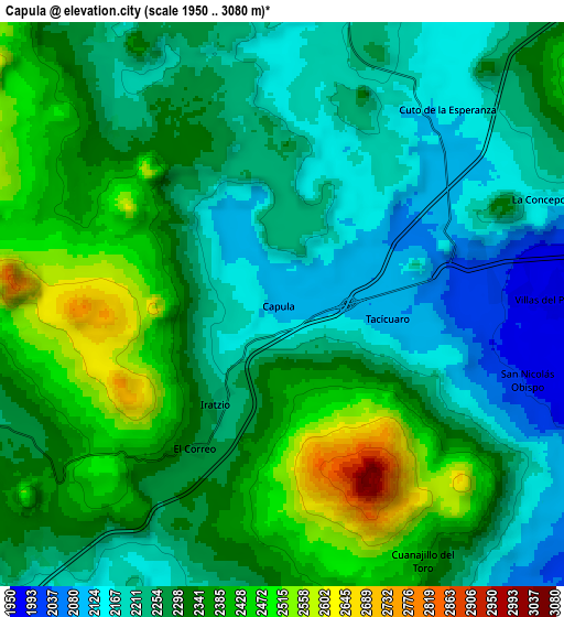 Zoom OUT 2x Capula, Mexico elevation map