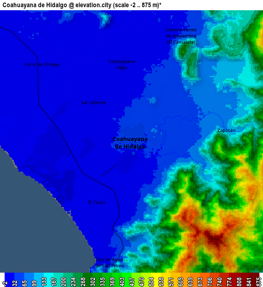 Zoom OUT 2x Coahuayana de Hidalgo, Mexico elevation map