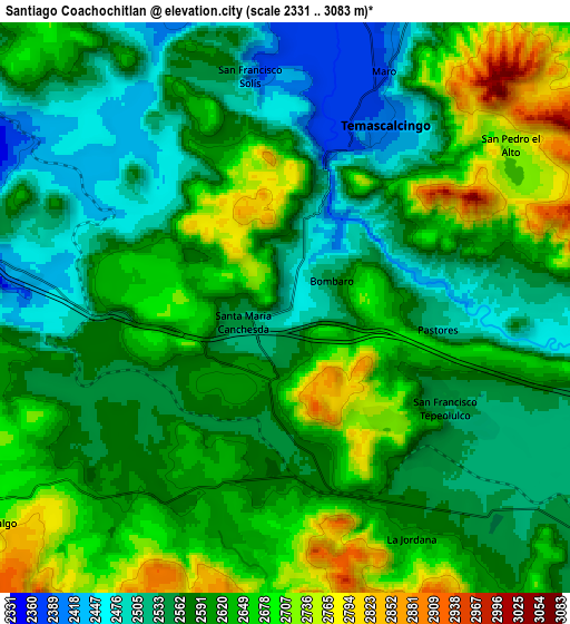 Zoom OUT 2x Santiago Coachochitlan, Mexico elevation map