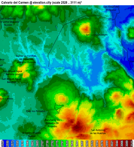 Zoom OUT 2x Calvario del Carmen, Mexico elevation map