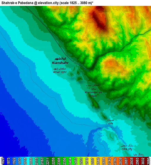 Zoom OUT 2x Shahrak-e Pābedānā, Iran elevation map