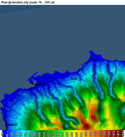 Zoom OUT 2x Pirae, French Polynesia elevation map