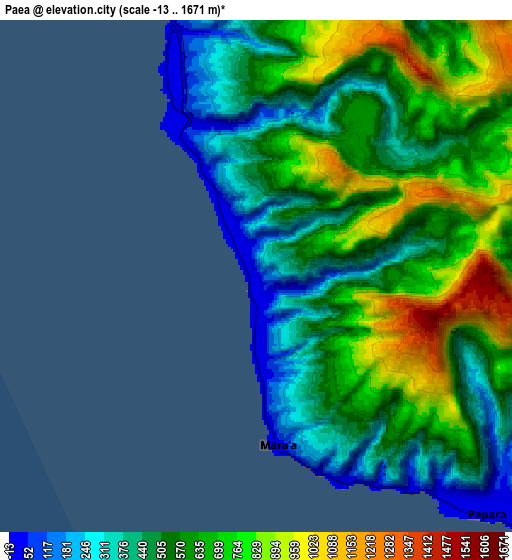 Zoom OUT 2x Paea, French Polynesia elevation map