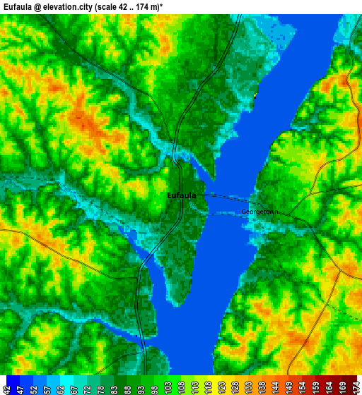 Zoom OUT 2x Eufaula, United States elevation map