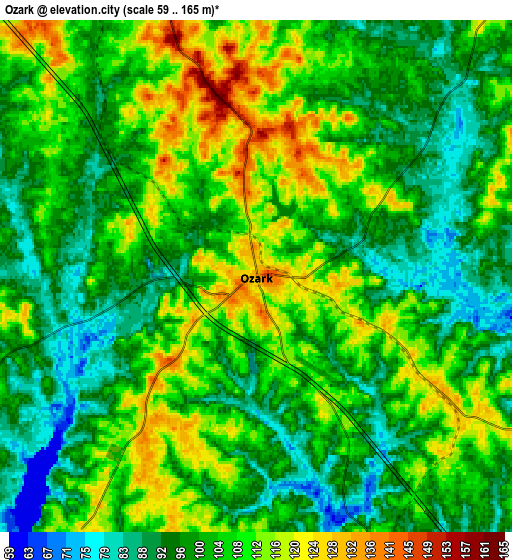 Zoom OUT 2x Ozark, United States elevation map