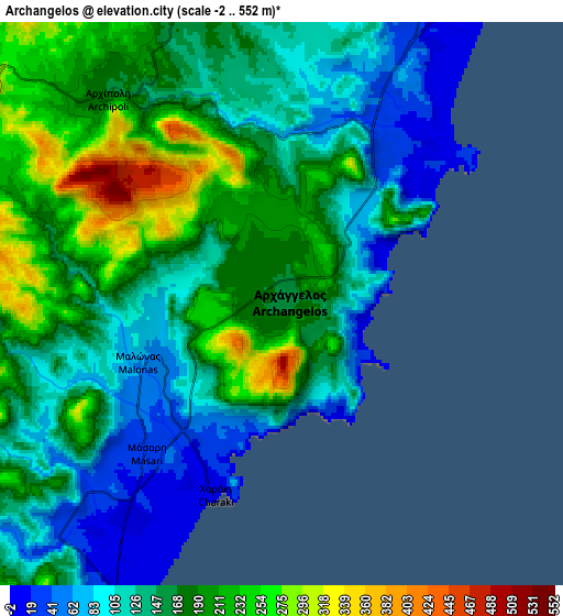 Zoom OUT 2x Archángelos, Greece elevation map