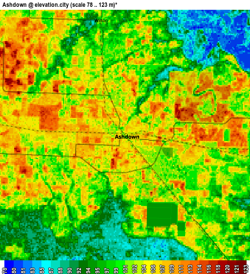 Zoom OUT 2x Ashdown, United States elevation map