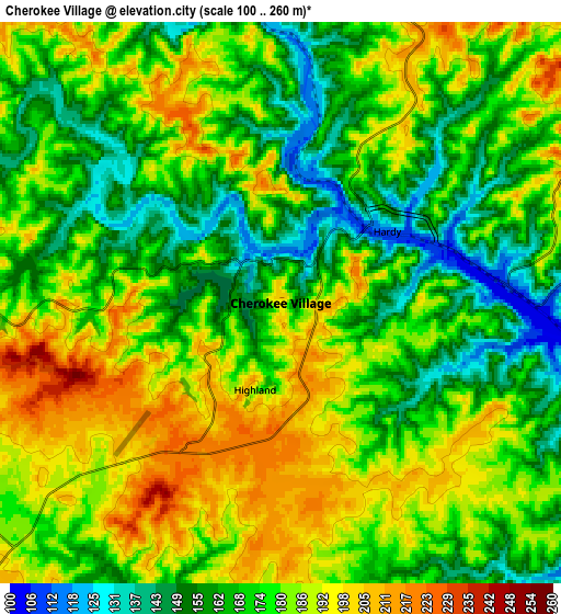 Zoom OUT 2x Cherokee Village, United States elevation map