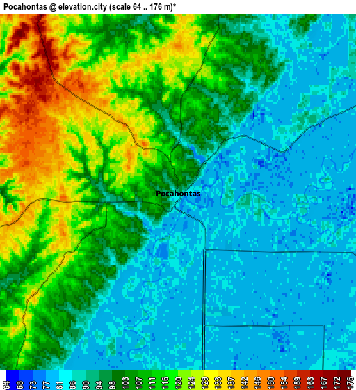 Zoom OUT 2x Pocahontas, United States elevation map