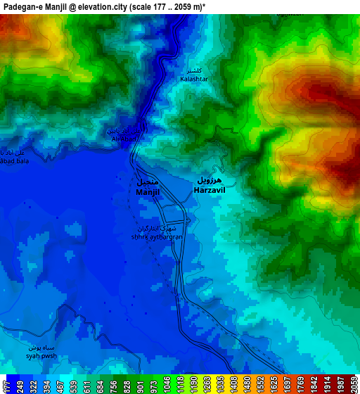 Zoom OUT 2x Pādegān-e Manjīl, Iran elevation map