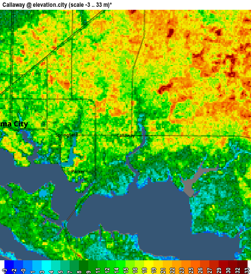 Zoom OUT 2x Callaway, United States elevation map