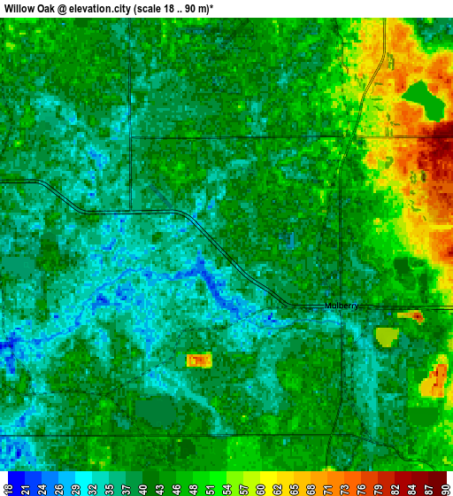 Zoom OUT 2x Willow Oak, United States elevation map