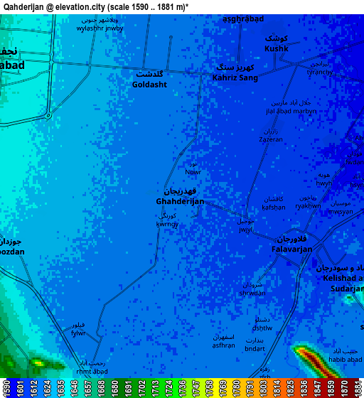 Zoom OUT 2x Qahderījān, Iran elevation map
